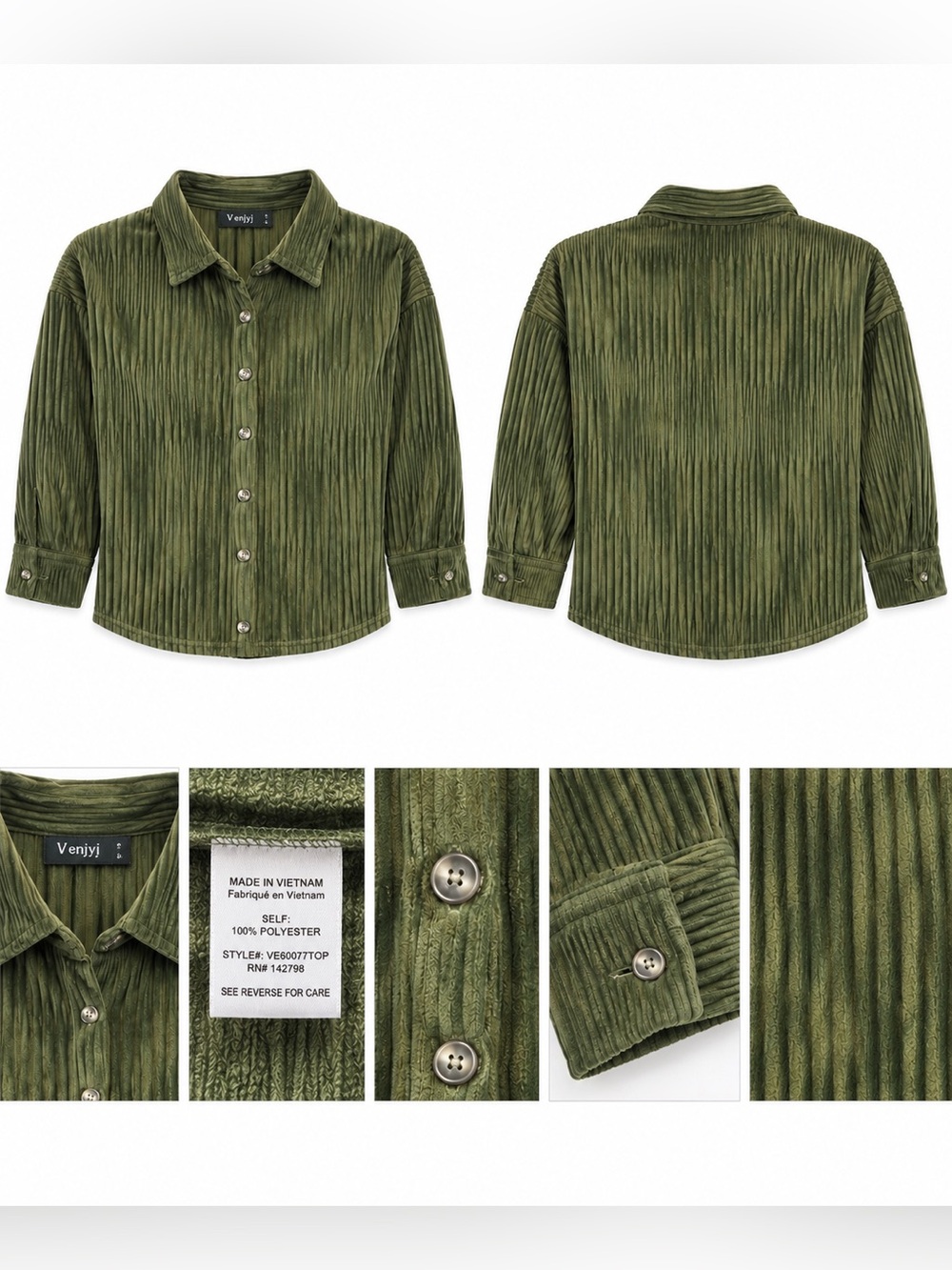 Very J Olive Green Crinkle Textured Button Down Shirt Women’s Large